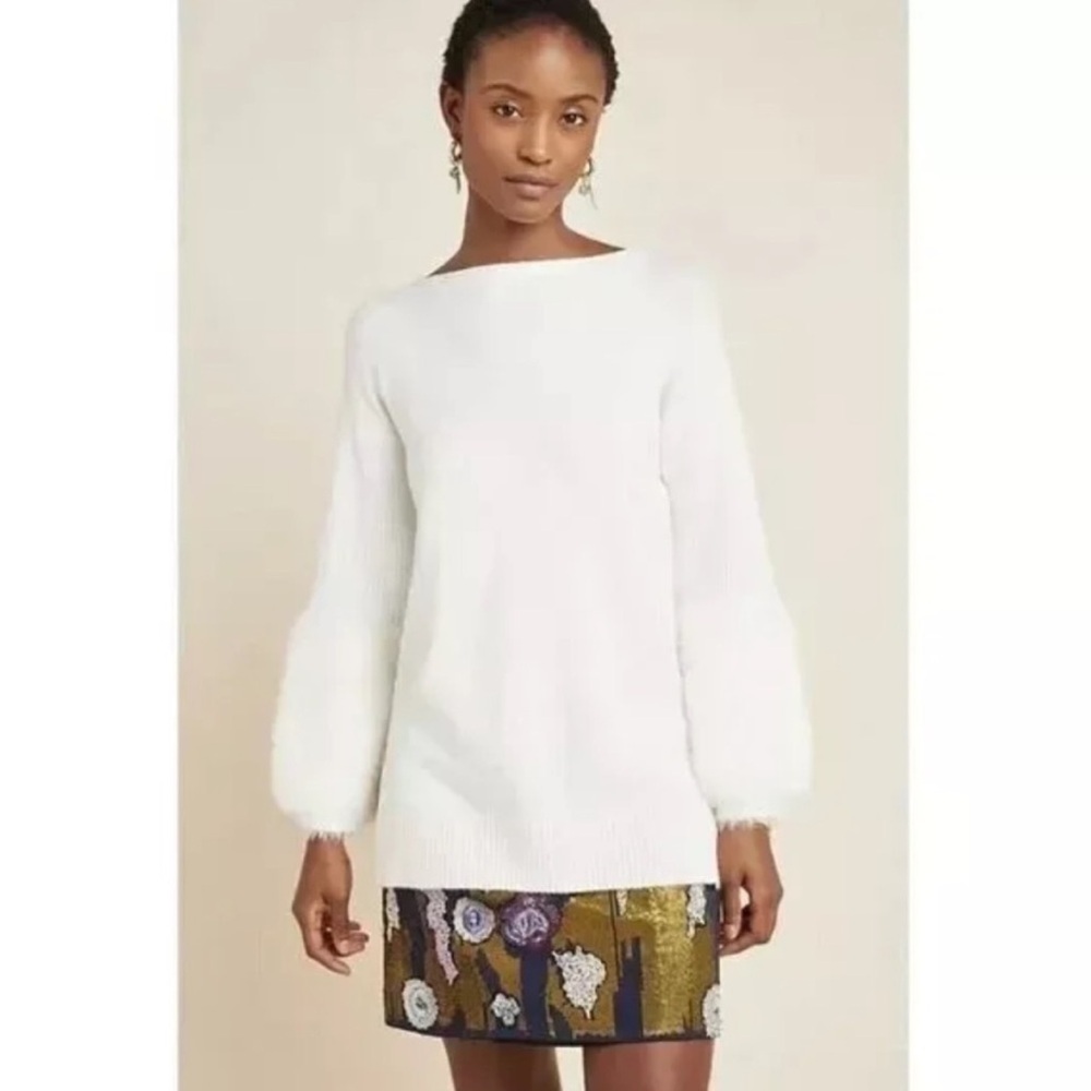 Anthropologie Colma Eyelash Cuff Pullover Tunic Knit Sweater White XS